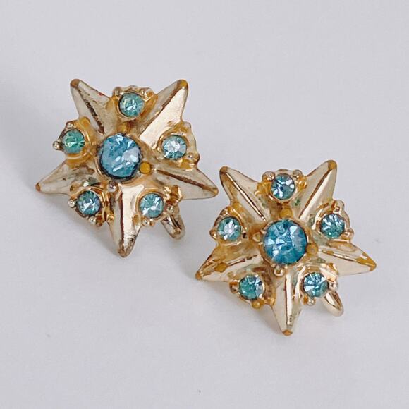 Vintage Aqua Blue Rhinestone Mid Century Atomic Starburst Screw Back Earrings - Picture 6 of 12